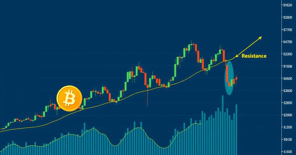 A financial graph showing Bitcoin price fluctuations with downward trends and resistance levels highlighted in a modern style.