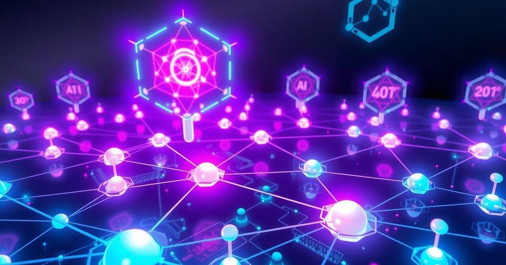 Digital blockchain network with abstract quantum computers in the background, blending futuristic elements and tech imagery.