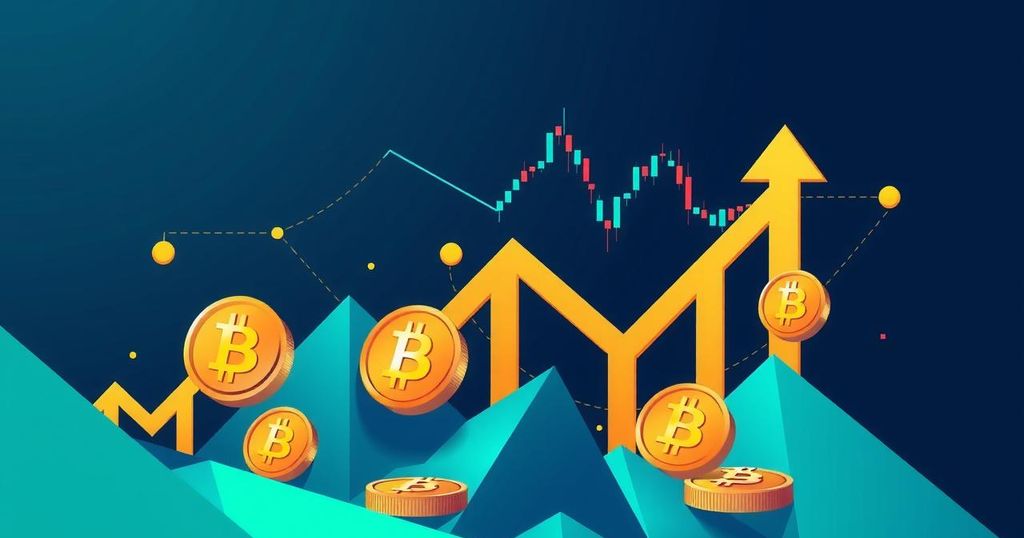 A conceptual digital illustration of Bitcoin price trends with charts and symbols of market dynamics.