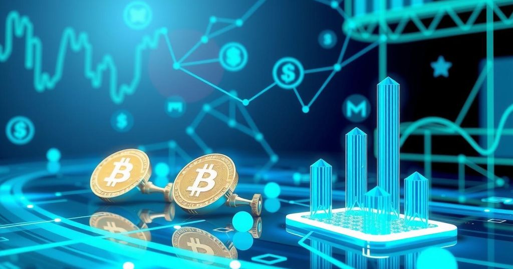A modern digital landscape with abstract representation of cryptocurrencies, regulations, and technology in vibrant colours.