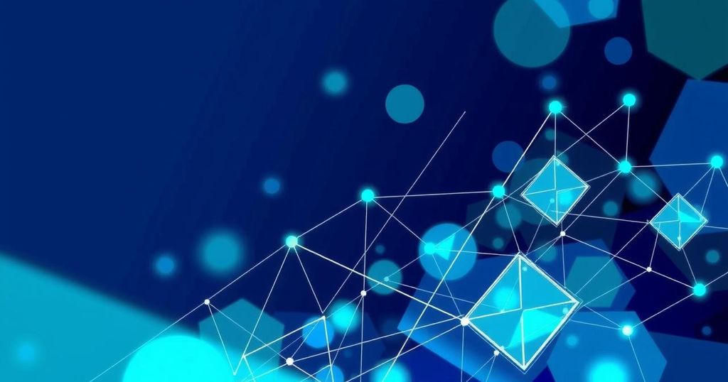 Graphical representation of AI growth in blockchain, with vibrant colours and geometric shapes reflecting innovation.