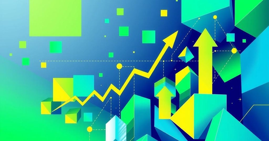 An abstract representation of increasing stock prices with arrows, vibrant colours and geometric shapes symbolising growth.