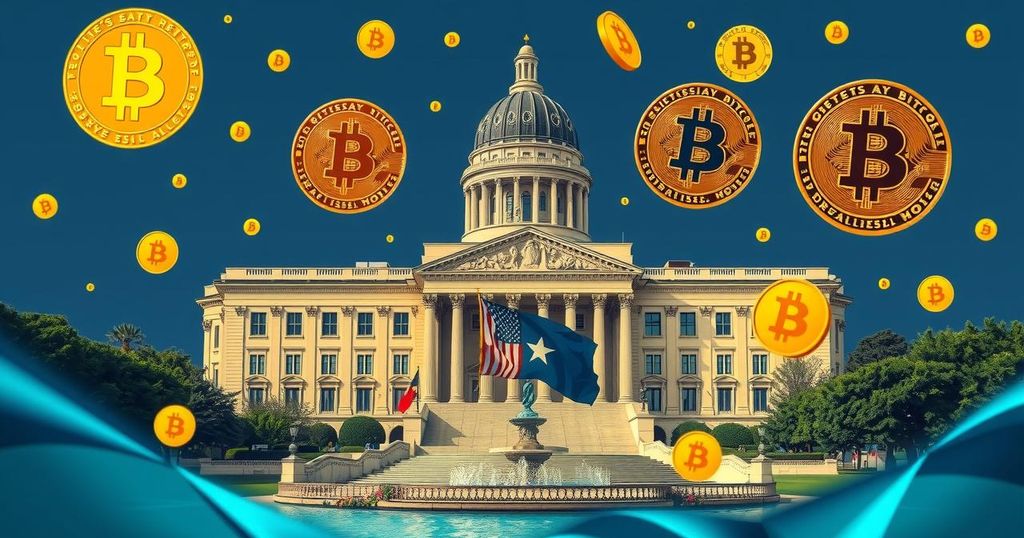 Texas state capitol building surrounded by Bitcoin symbols and digital currency elements, showcasing crypto innovation.