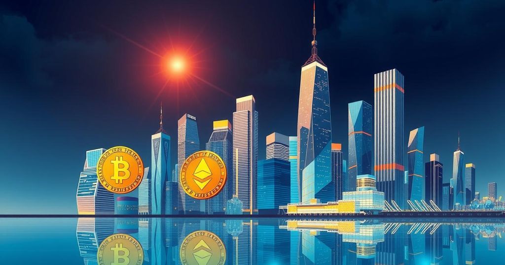 A digital illustration depicting a futuristic city skyline with symbols of cryptocurrency like Bitcoin and Ethereum.
