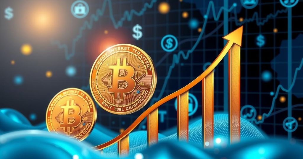 A digital artwork depicting the Bitcoin market with graph trends and abstract financial symbols in a blue and gold colour scheme.