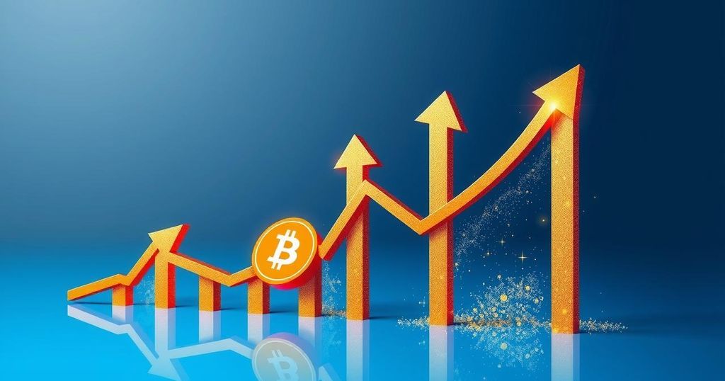A graph illustrating Bitcoin price trends with upward arrows, set against a bright blue background with shimmering gold accents.