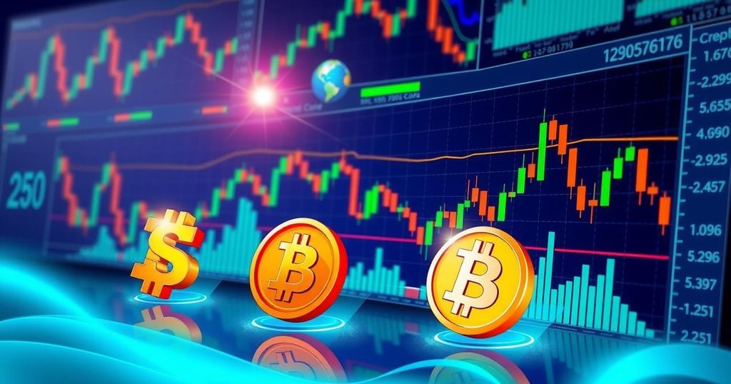 Visual representation of a cryptocurrency platform with trading pairs and graphs depicting market movements