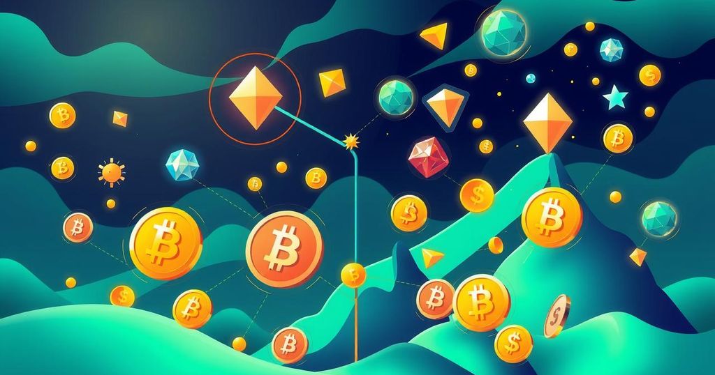 Digital art depicting cryptocurrency themes such as stablecoins and meme coins with vibrant colours.