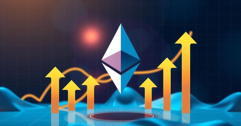 Ethereum logo with arrows pointing upwards over a cryptocurrency market chart in a blue and gold palette.