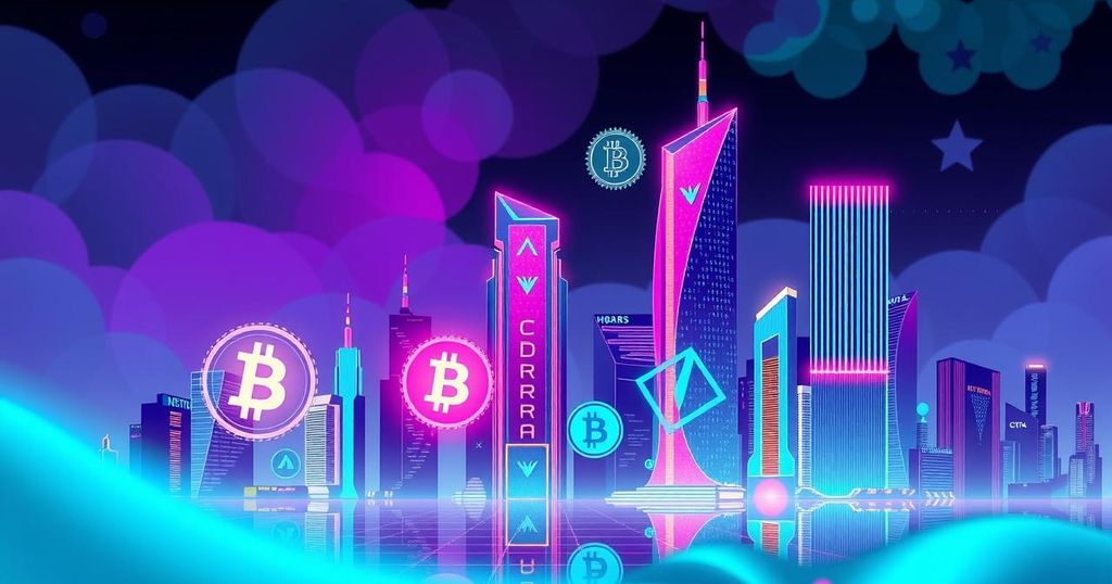 A futuristic city skyline representing cryptocurrency growth, featuring digital tokens and vibrant neon colours.