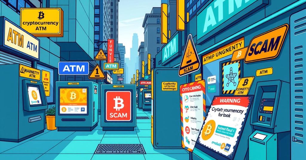 A crowded urban area with multiple cryptocurrency ATMs, warning signs about scams visible, in vibrant colours.
