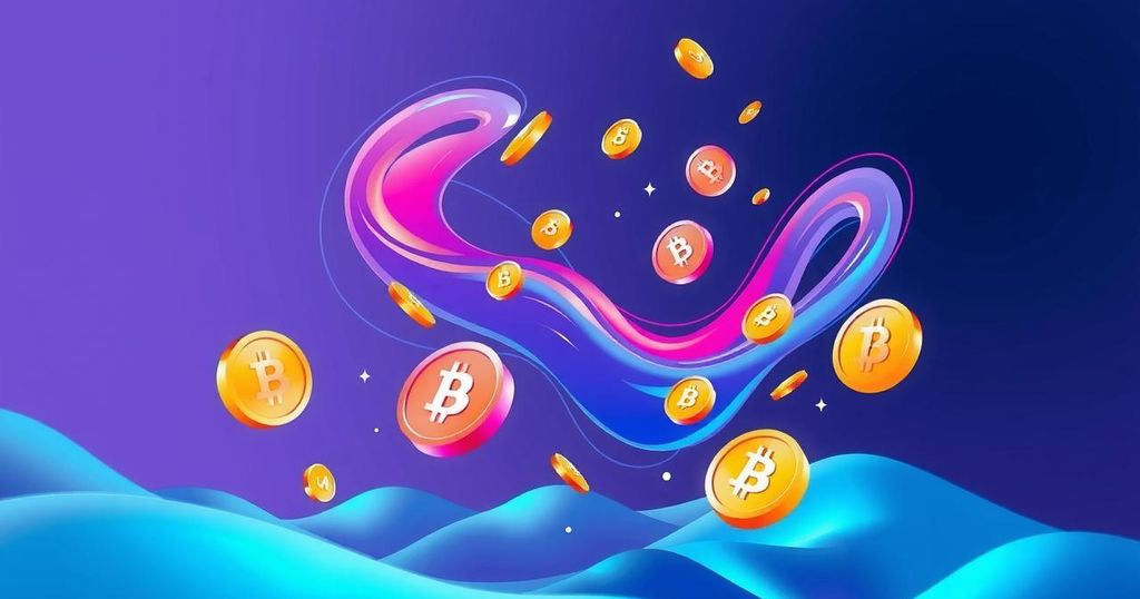 A visually engaging design illustrating crypto airdrops, featuring vibrant colours and abstract token symbols.
