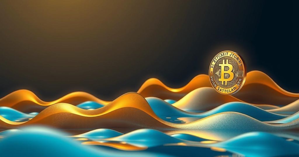 A serene digital representation of Bitcoin's ascent, featuring gold and blue tones, in a modern minimalist style.