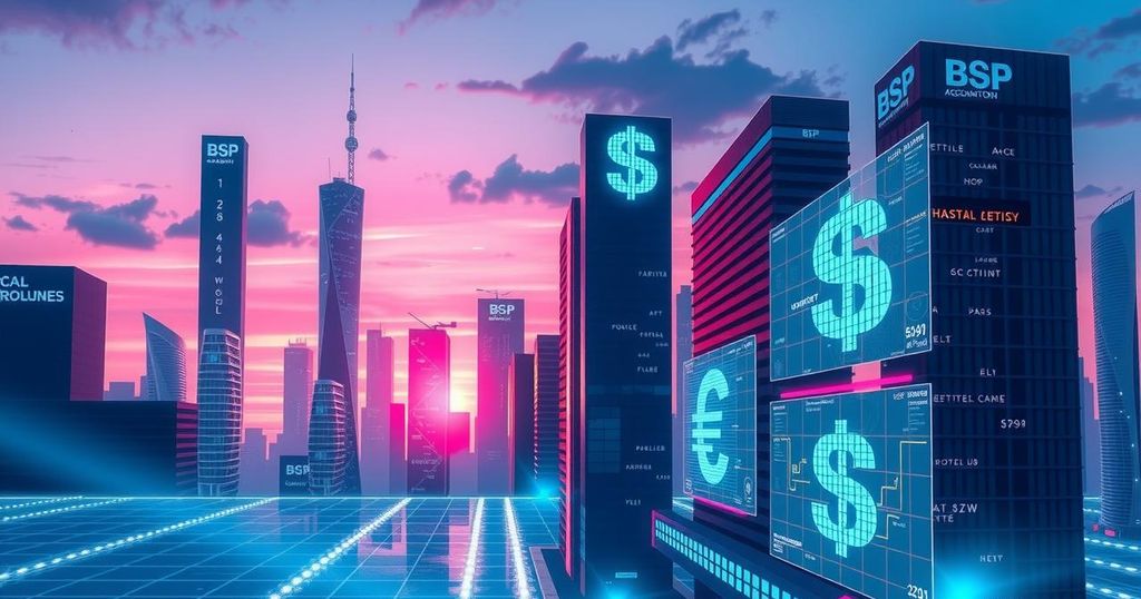 Abstract representation of a dynamic city skyline with futuristic tech elements and digital currency symbols in vibrant colours.