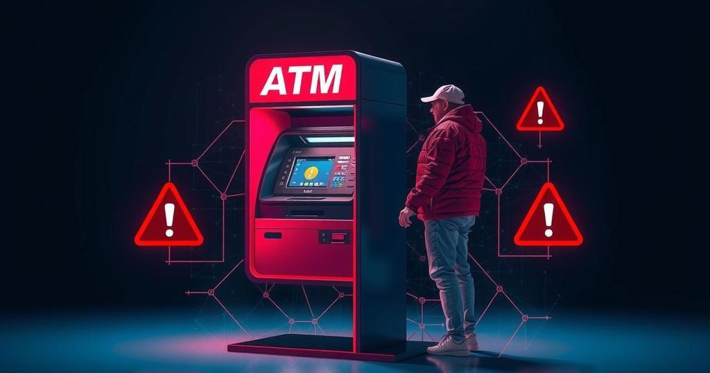 An abstract representation of a cryptocurrency ATM with digital elements and warning symbols, in a dark colour scheme.