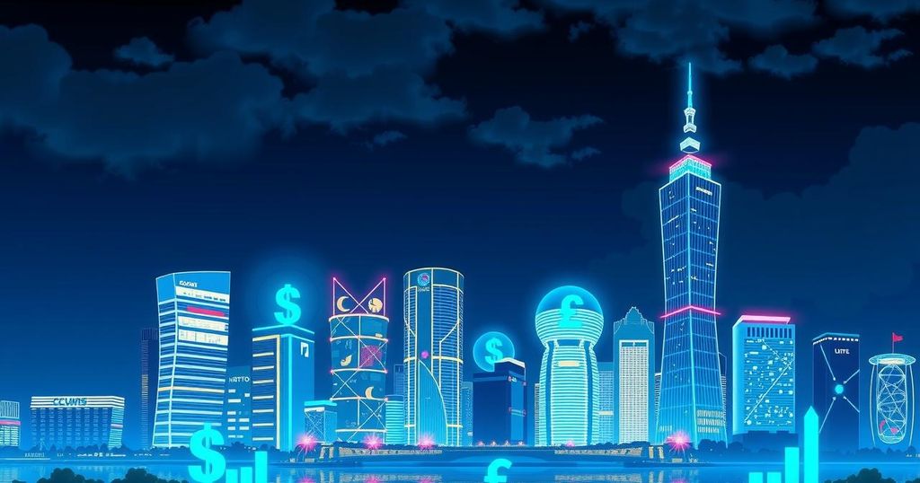 A futuristic city skyline with digital currency symbols, featuring vibrant blues and greens in a modern design.