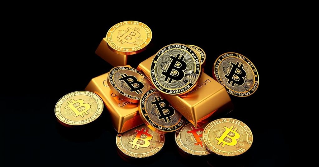 A digital representation of Bitcoin and gold, with contrasting textures and a dark background, symbolising financial debate.