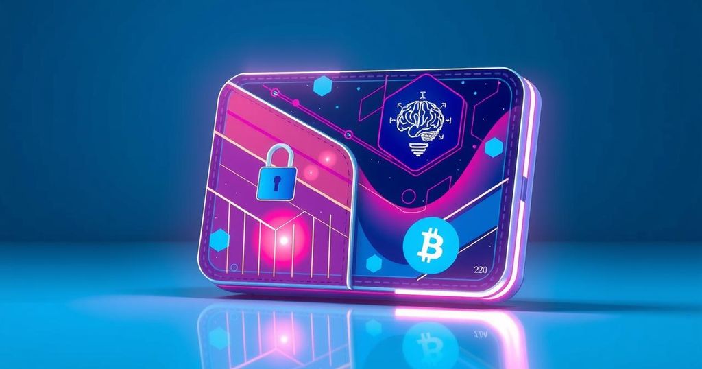 A sleek, futuristic digital wallet design showcasing AI elements and blockchain symbols against a blue gradient background.