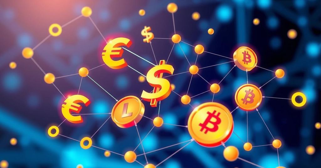 Digital assets and blockchain innovation concept with abstract currency symbols and vibrant blue and gold colours.
