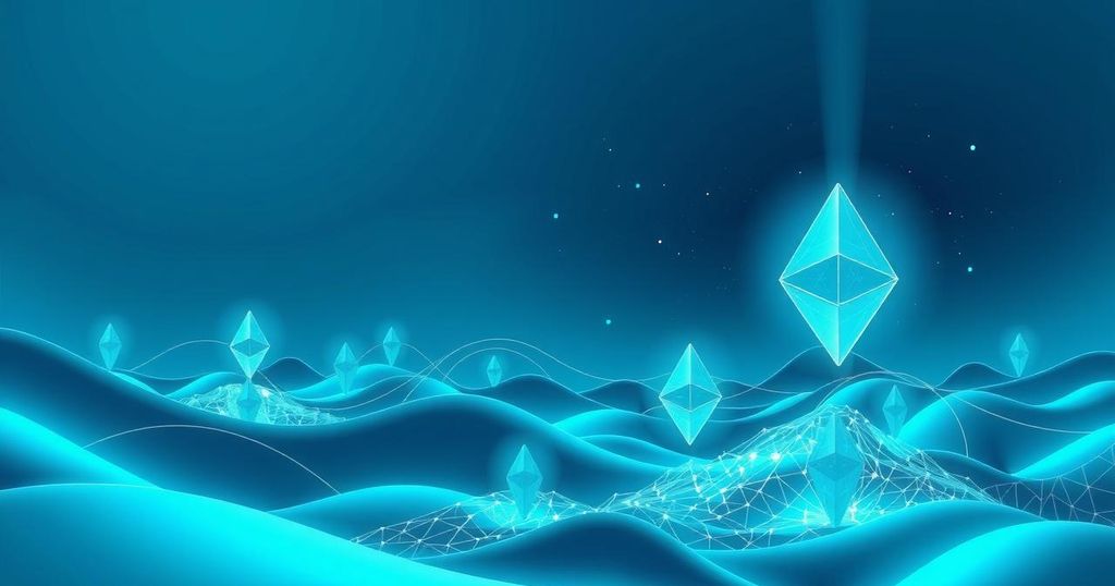 A futuristic blockchain technology concept showcasing Ethereum's dominance with abstract elements representing growth and innovation.