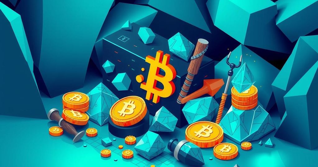 Illustration of a Bitcoin treasury concept with mining and blockchain elements in a modern style using blue and green hues.
