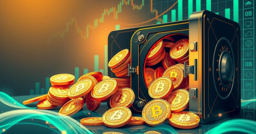 A conceptual image illustrating Bitcoin's rise, featuring golden coins, a digital ledger, and a futuristic treasury vault.