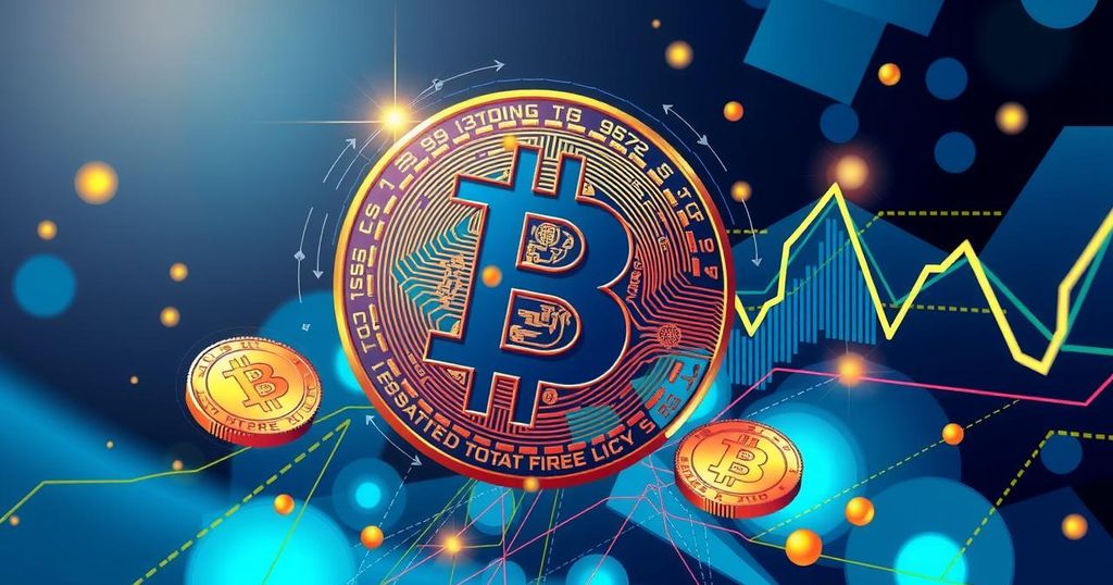 A digital representation of Bitcoin with graph patterns and abstract financial symbols in vibrant blue and metallic gold tones.
