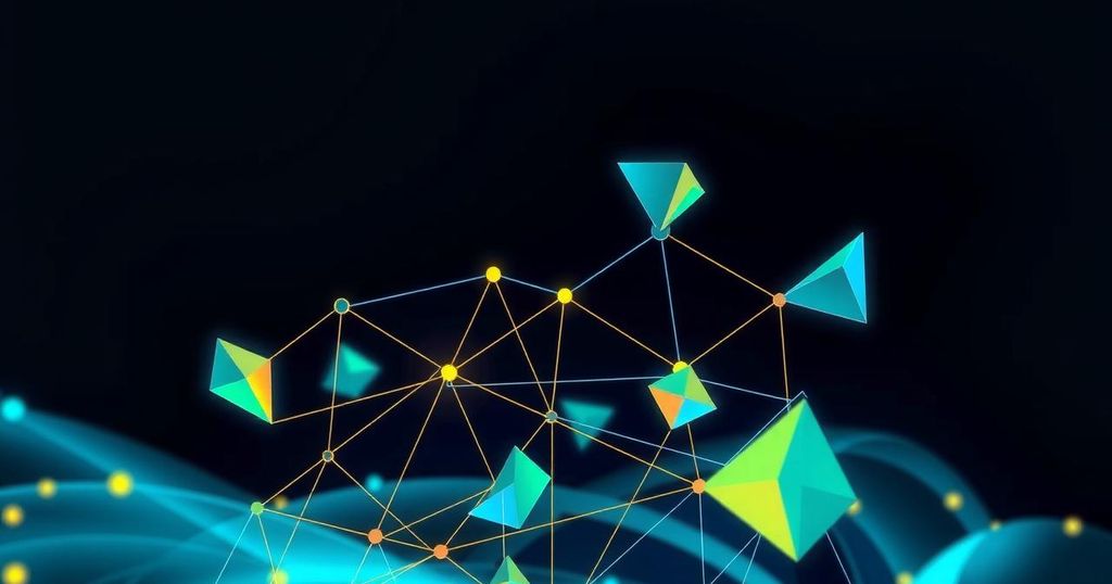 A digital representation of a blockchain network, emphasising decentralisation with vibrant colour gradients and geometric shapes.