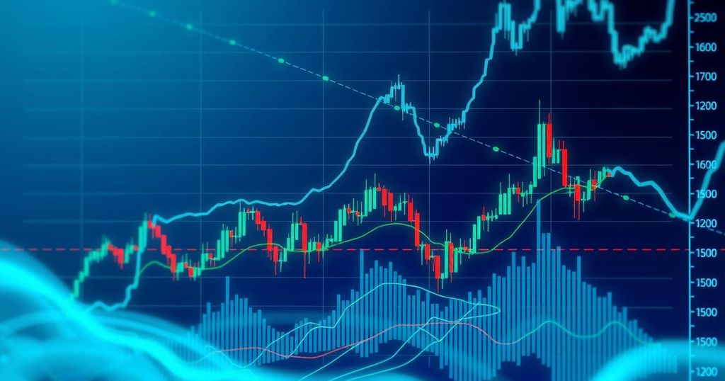 A digital landscape illustrating cryptocurrency trends with graph lines and notes on market analysis.