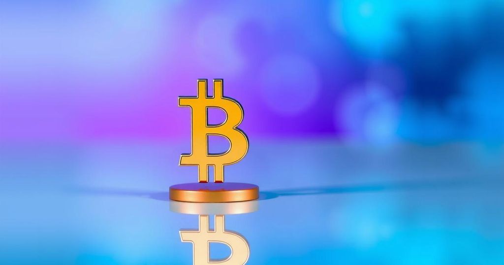A golden Bitcoin symbol on a reflective surface with a vibrant gradient background in a modern style.