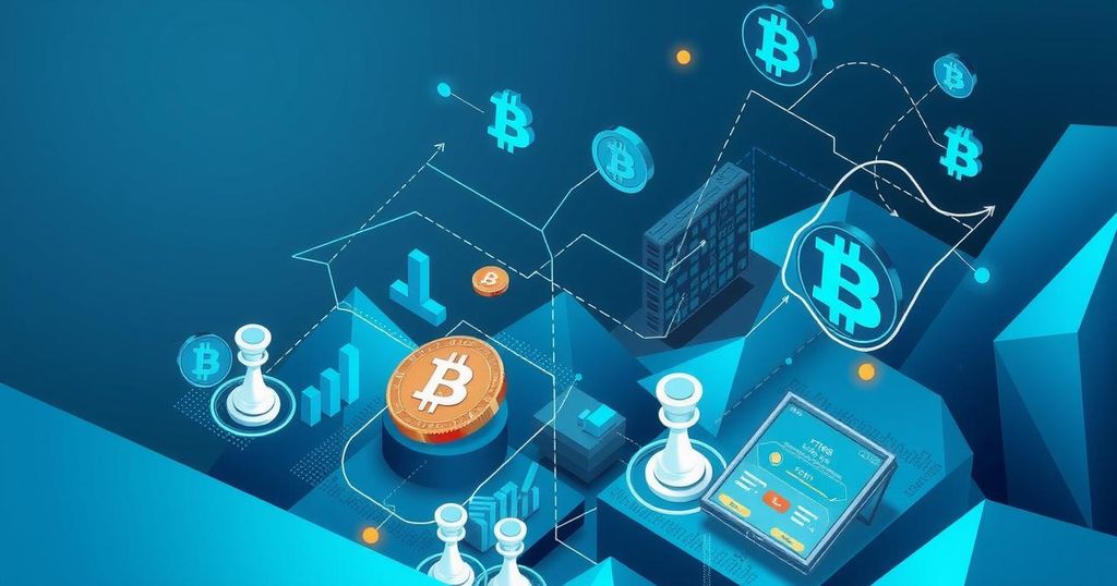 A conceptual artwork illustrating a digital currency landscape with regulatory elements, combining blue and grey tones.