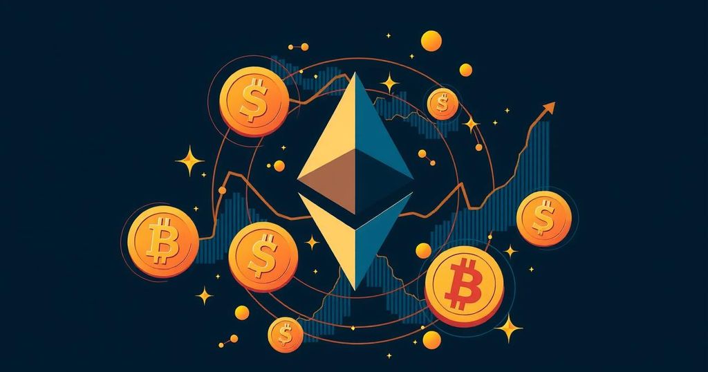 A dynamic depiction of Ethereum logo with stylised graphs, capturing the crypto market's volatility and sharp investments.