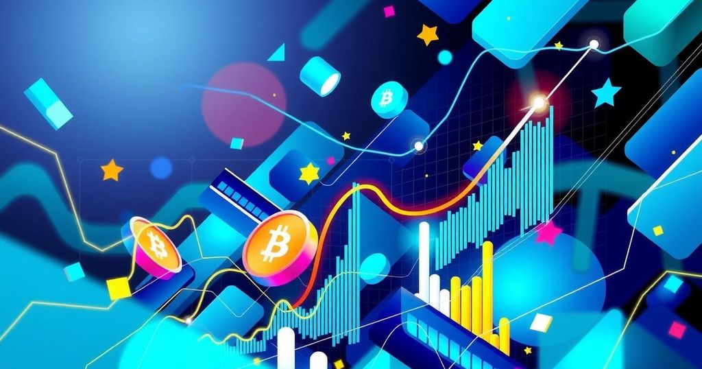 Abstract cryptocurrency market trends with dynamic graphs and vibrant colours representing digital finance.