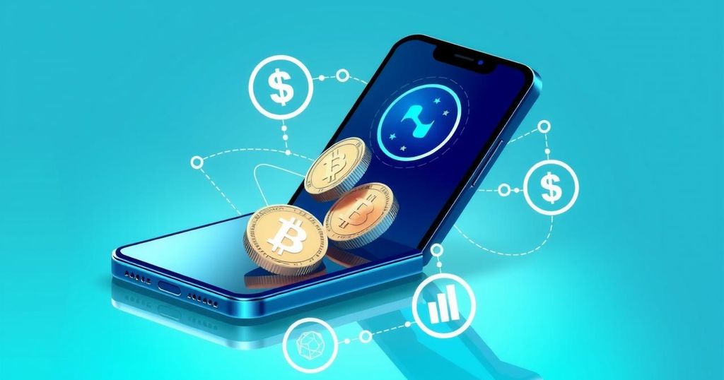 A digital wallet displaying stablecoins with a backdrop of a smartphone and a blockchain network.