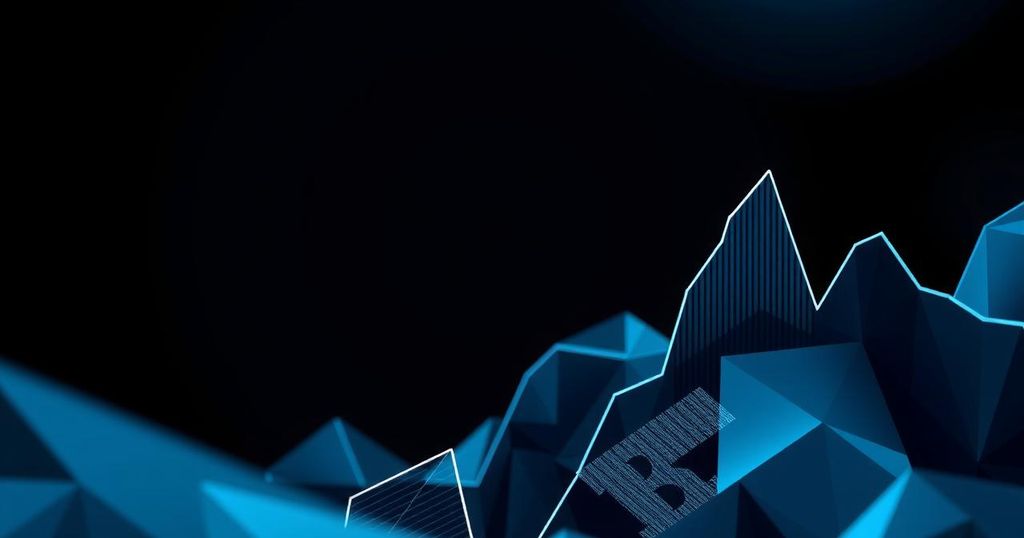Abstract visualisation of cryptocurrency market trends with dark colours and geometric shapes depicting Bitcoin's volatility.