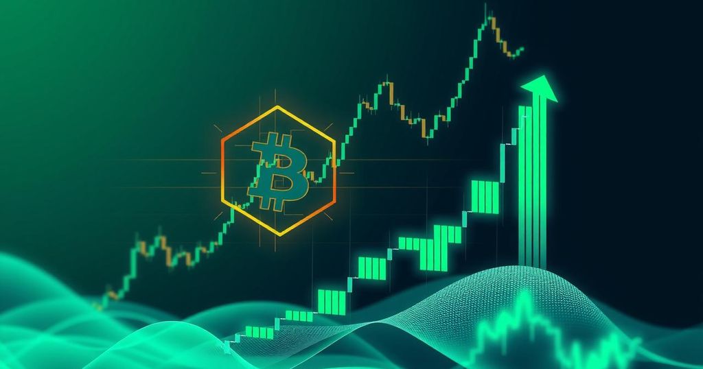A vibrant digital representation of Bitcoin's upward trend amidst financial charts in green and blue hues.