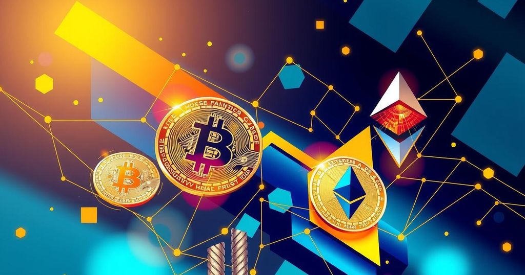 Abstract representation of cryptocurrency with geometric patterns, vibrant colours, and Bitcoin and Ethereum symbols.