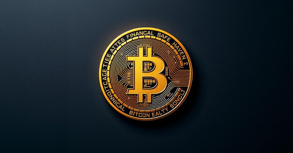A digital representation of bitcoin symbolising a financial safe haven, with a golden hue and sleek lines.