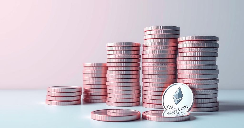 A digital illustration of Ethereum tokens stacked with a dramatic downward market trend background in pastel colours.