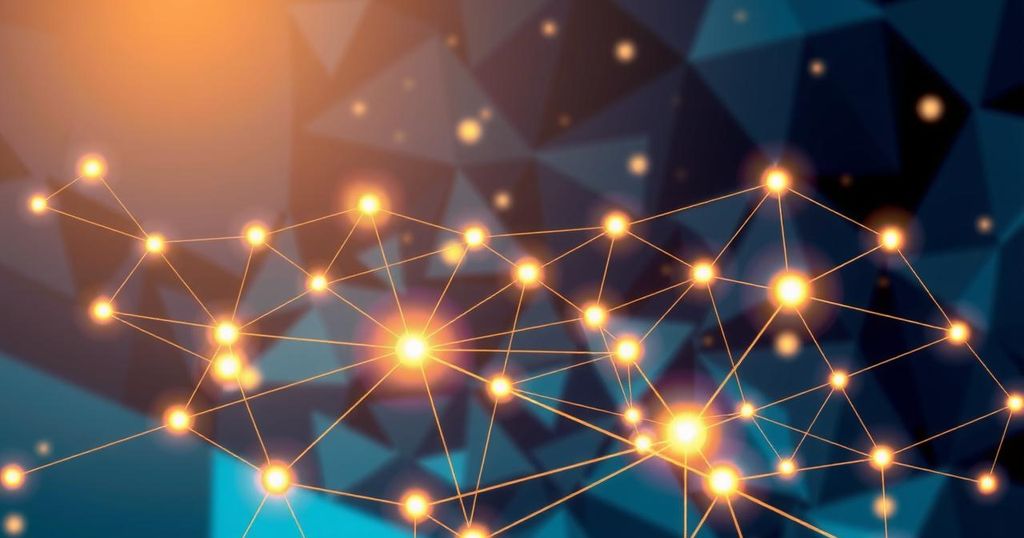 A digital illustration of a vibrant cryptocurrency network symbolizing Bitcoin Hyper, with dynamic light shades and geometric patterns.