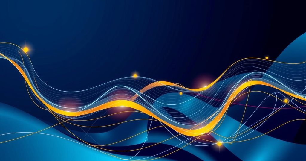 A digital representation of crypto market regulation with abstract shapes in a futuristic style, featuring blue and gold tones.