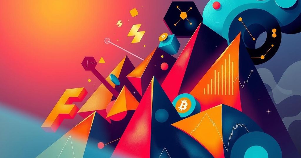 Abstract representation of crypto market sentiment with vibrant colours and geometric shapes, conveying greed and tension.