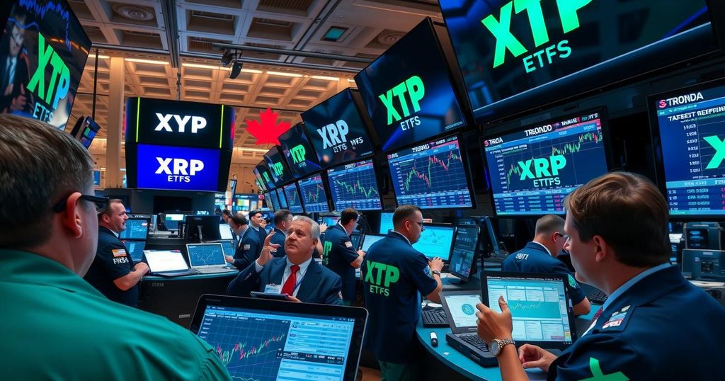Toronto Stock Exchange featuring multiple XRP ETFs with vibrant market activity and financial charts in a modern setting.