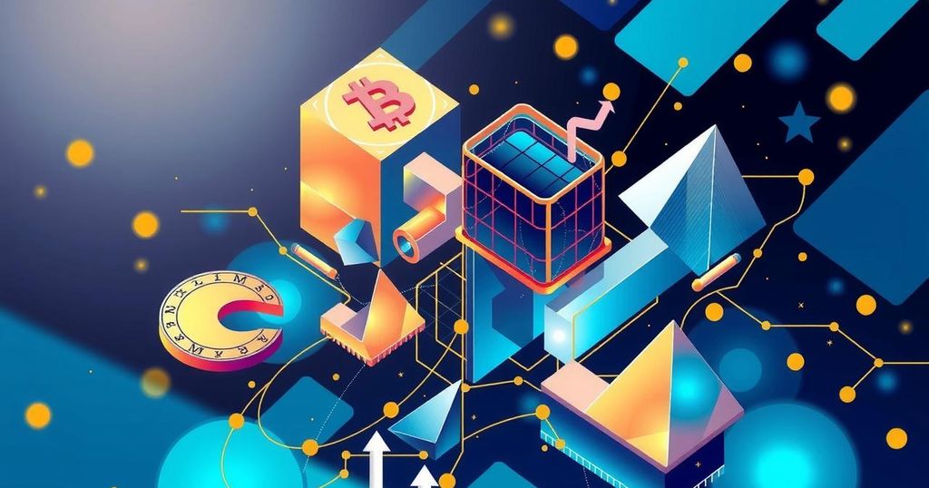 A stylised digital representation of a cryptocurrency theme with abstract shapes in blue and gold tones.