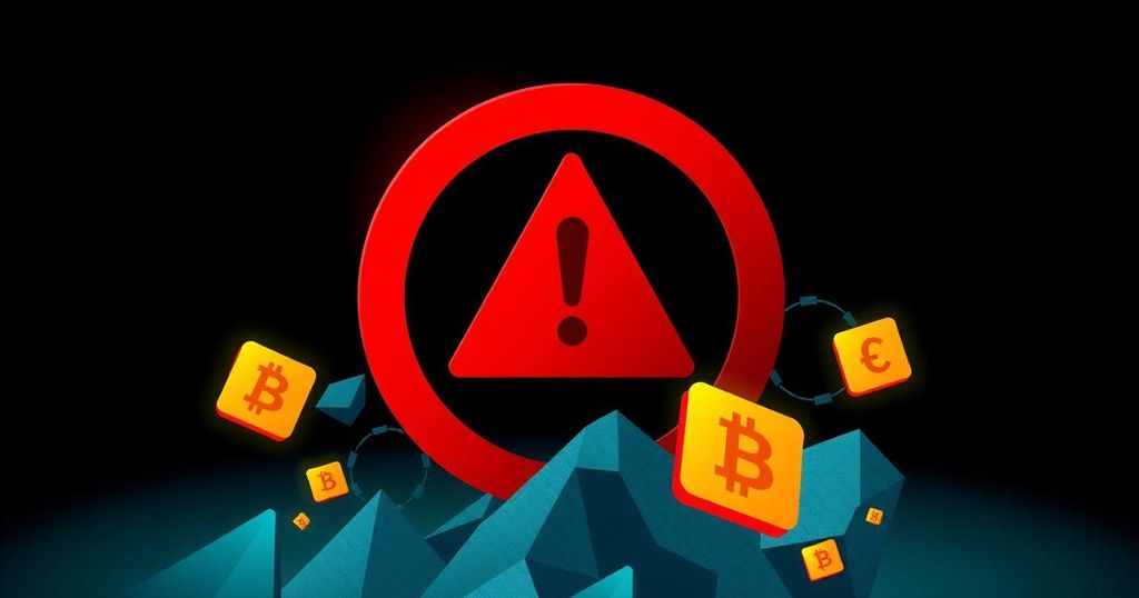 A warning sign against crypto scams, featuring iconic warning symbols in bold colours and an ominous digital theme.