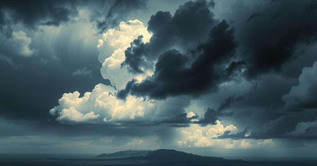 Turbulent sky over Middle Eastern landscapes, with dark clouds and silhouettes of distant mountains, symbolizing conflict.