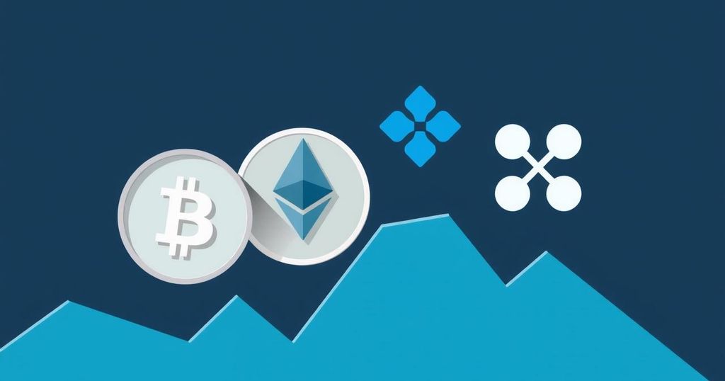 A digital artwork showcasing Bitcoin, Ethereum, and Ripple logo symbols with a declining graph trend in cool tones.