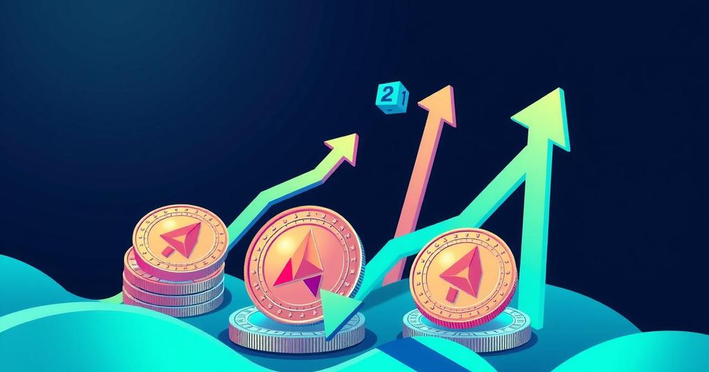 An abstract representation of rising cryptocurrency values with digital coins and upward arrows, using vibrant blues and greens.