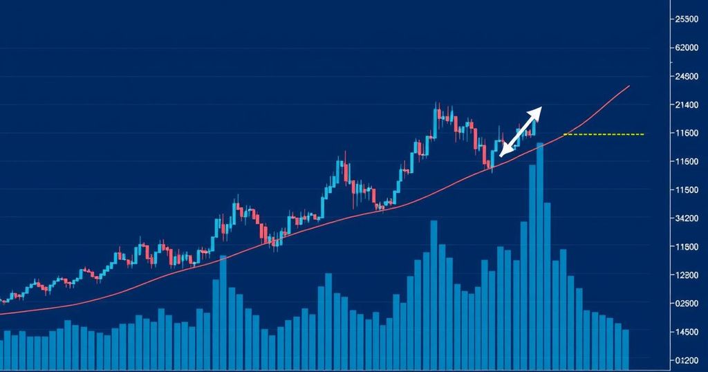 Cryptocurrency price chart with bullish and bearish trends in blue tones, illustrating Bitcoin market movements.