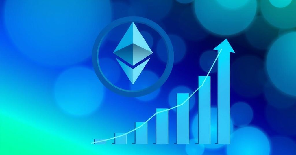 A digital illustration of Ethereum logo with increasing graph trends, vibrant gradients of blue and green in a technological style.